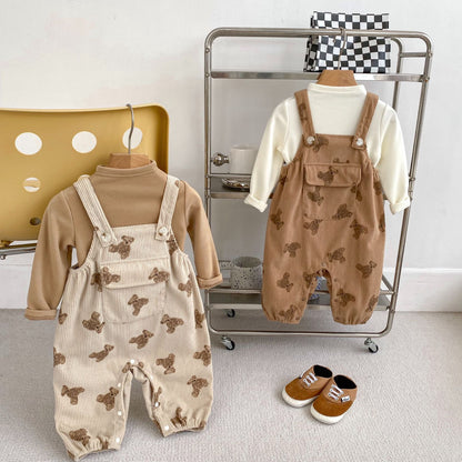 Spring and Autumn Unisex Baby Corduroy Sleeveless Cute Teddy Overalls Romper