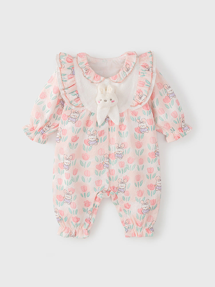 Autumn New Arrival Baby Girls Flowers and Rabbits Pattern Single Breasted Romper with Cute Collar