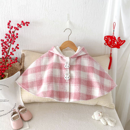 Autumn and Winter Baby Girl Pink and White Plaid Warm Cozy Fleece Cape Popular Shawl