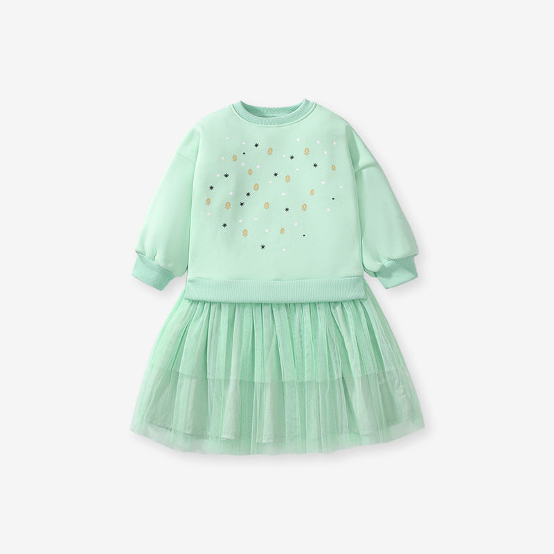 New Design Autumn Girls Geometric Print Crew Neck Long Sleeves Green Tulle Patchwork Princess Dress