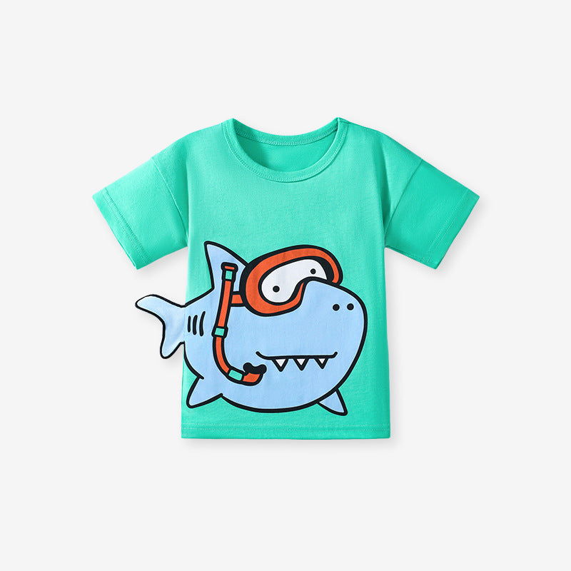 Kids’ Shark Cartoon Pattern Short Sleeves T-shirt in European and American Style for Summer