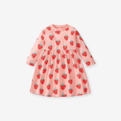 Arrival Autumn Girls Long Sleeves Cartoon Strawberry Fruits Pattern Crew Neck Dress