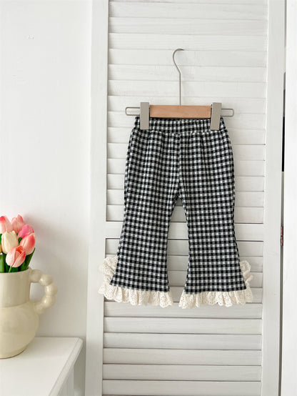 Pantalones a cuadros baratos para niñas y bebés de otoño con ribete de encaje 