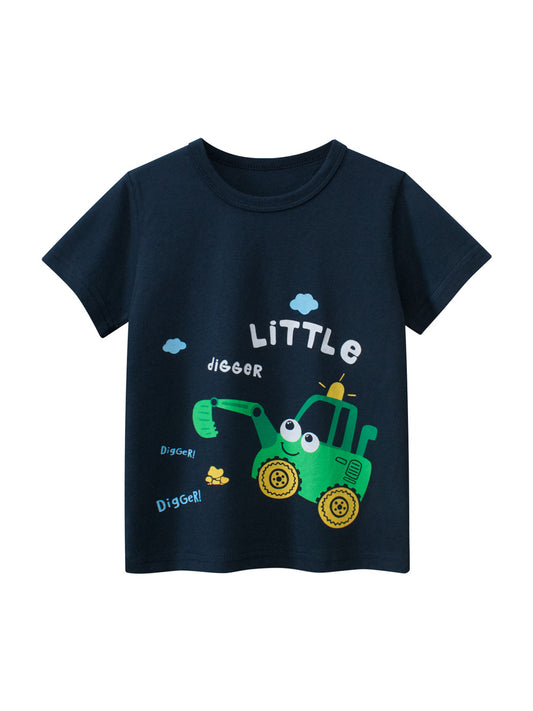 Boys’ Cartoon Excavator Print T-Shirt In European And American Style