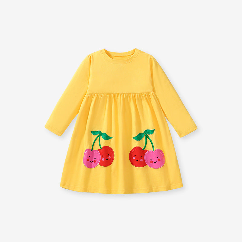 Best Selling Cheap Autumn Girls Cartoon Cherry Pattern Crew Neck Long Sleeves Yellow Dress