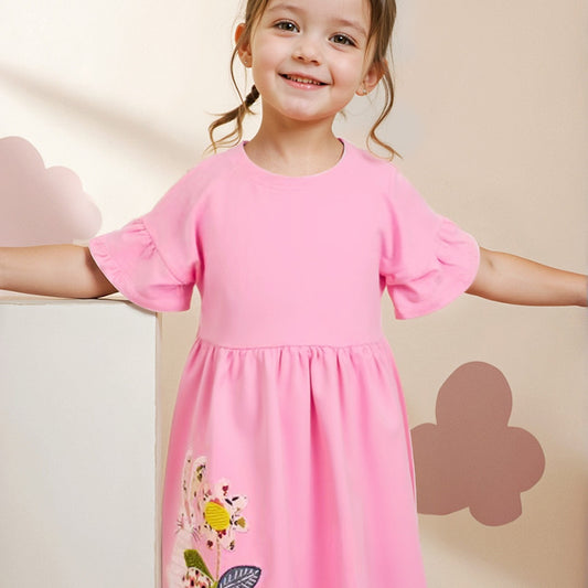 Summer Pink Dress for Girls, European and American Cute Animals Cartoon Pattern Dress