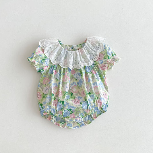 Summer New Arrival Baby Girls Floral Print Short Sleeves Ruffle Collar