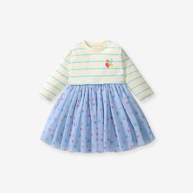 Arrival Autumn Girls Heart Print Crew Neck Long Sleeves Tulle Patchwork Princess Striped Dress