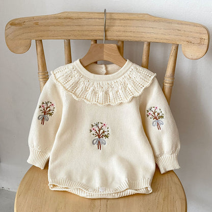 Autumn New Design Baby Girls Flowers Embroidery Pattern Long Sleeves Ruffle Collar Knitted Onesies