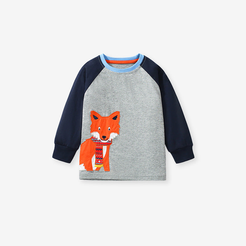 Arrival Autumn Kids’ Fox Cartoon Pattern Appliqué Embroidery Long Sleeves T-Shirt In European And American Style