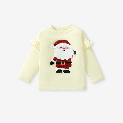 Arrival Autumn Girls’ Christmas Cartoon Santa Claus Pattern Long Sleeves T-Shirt In European And American Style For Summer