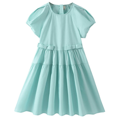 Hot Selling Summer Kids Girls Simple Style Solid Color Plain Cotton Short Sleeves Green Dress