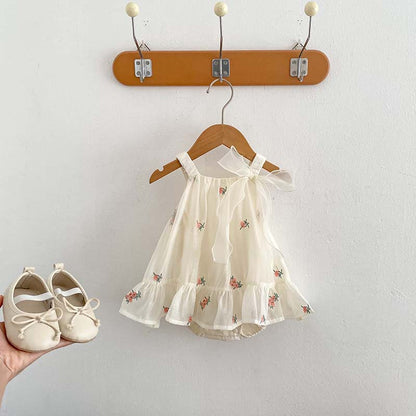 Vestido de verano para niñas pequeñas, sin mangas, con estampado de flores y tirantes de tul 