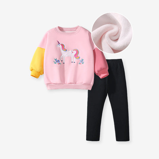 Conjunto de ropa de primavera y otoño para niñas con estampado de unicornio de dibujos animados, retazos de colores, sudadera de manga larga y pantalones de color liso 