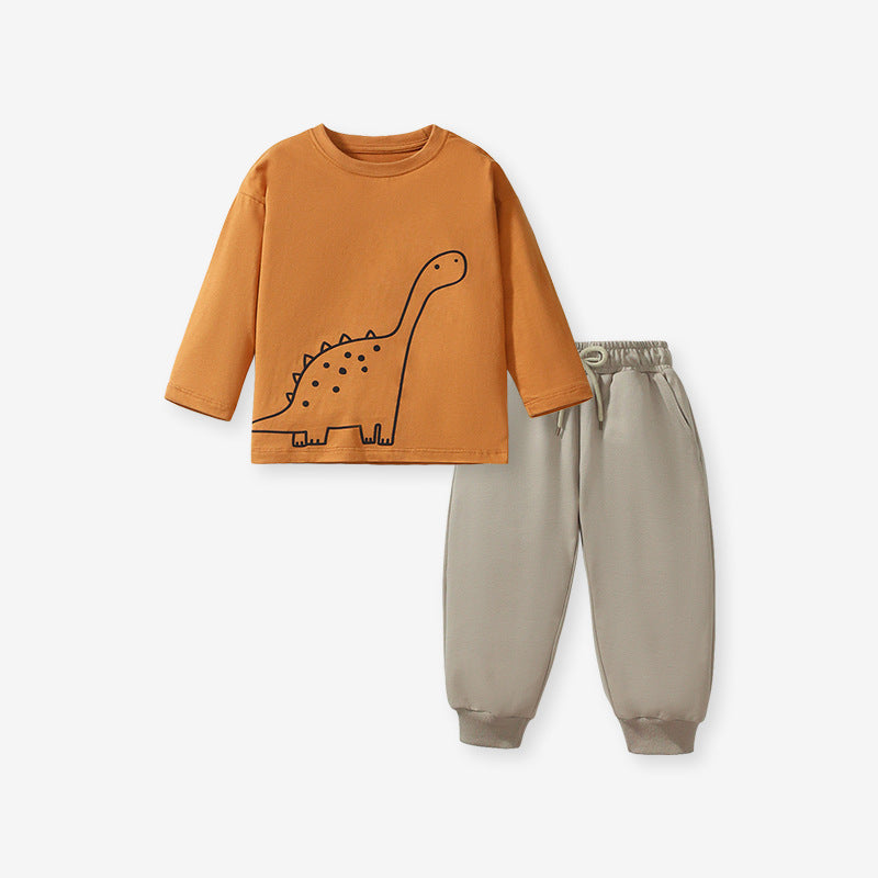 Spring And Autumn Boys Cartoon Dinosaur Pattern Long Sleeves Top T-Shirt And Solid Color Pants Clothing Set