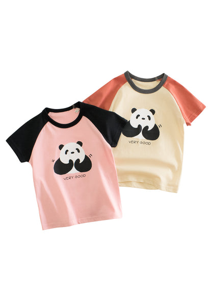 Panda Clapping Printing Girls’ Patchwork T-Shirt For Summer