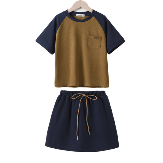 Summer Hot Selling Girls Color Patchwork Short Sleeves T-Shirt And Solid Color Skirt Clothing Set