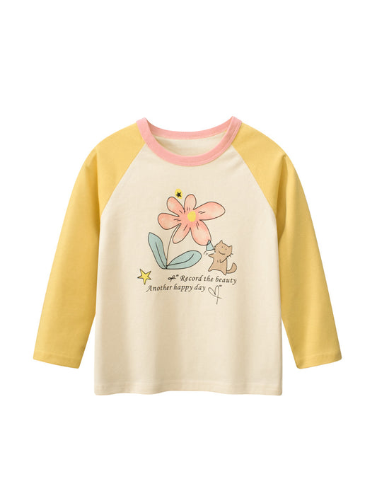 Autumn New Arrival Kids Girls Flowers Cartoon Print Crew Neck Long Sleeves Color Patchwork Shirt