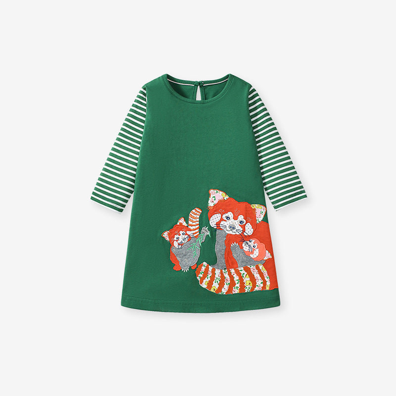 Design Autumn Girls Vivid Fox Appliqué Embroidery Pattern Striped Long Sleeves Dress