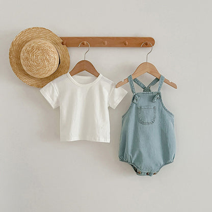 Summer Baby Kids Unisex Solid Color White Short Sleeves T-Shirt And Thin Denim Onesies Clothing Set