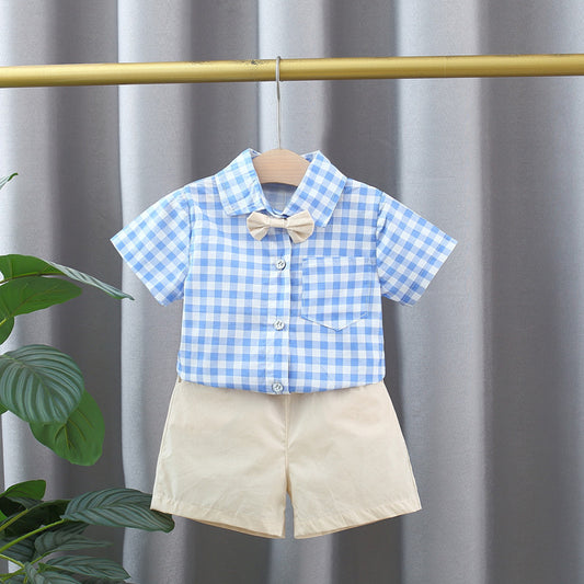 Summer Baby Kids Boys Blue Plaid Pattern Turn-Down Collar Short Sleeves Shirt And Solid Color Shorts English Clothing Set