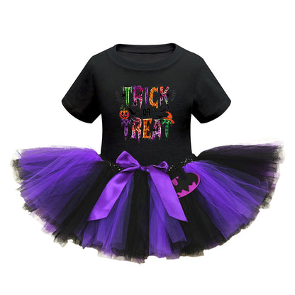 Arrival Girls’ Halloween Costume: Short Sleeves Cartoon Print Witches Cosplay Party Tulle Patchwork Dress