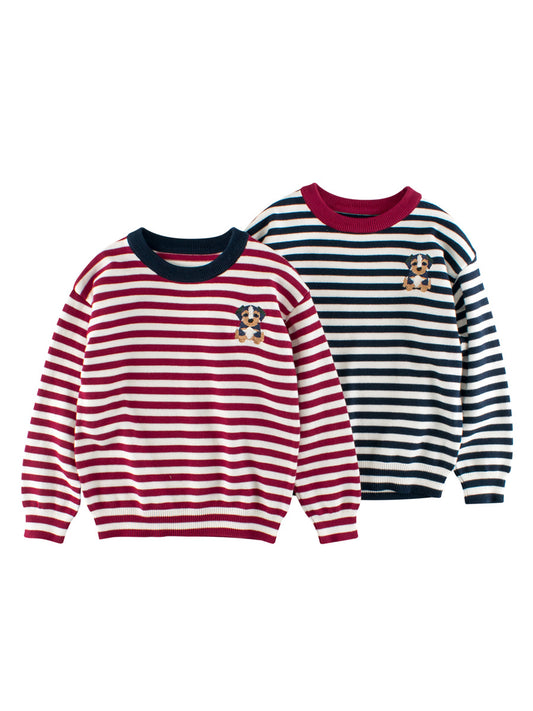 Arrival Baby Kids Puppy Logo and Striped Pattern Crew Neck Long Sleeves Knitted Top