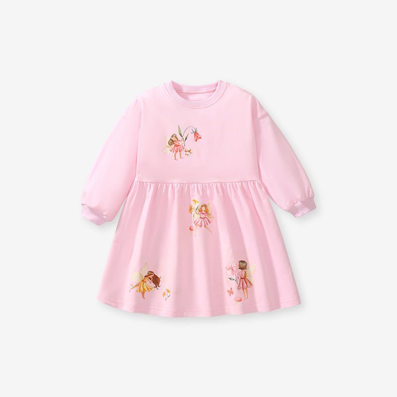 Design Autumn Girls Cartoon Fairy Pattern Crew Neck Long Sleeves Pink Princess Dress