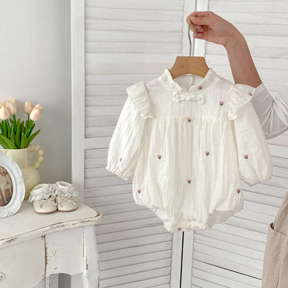 Autumn New Arrival Baby Girls Long Sleeves Tiny Flowers Embroidered Stand Collar Onesies