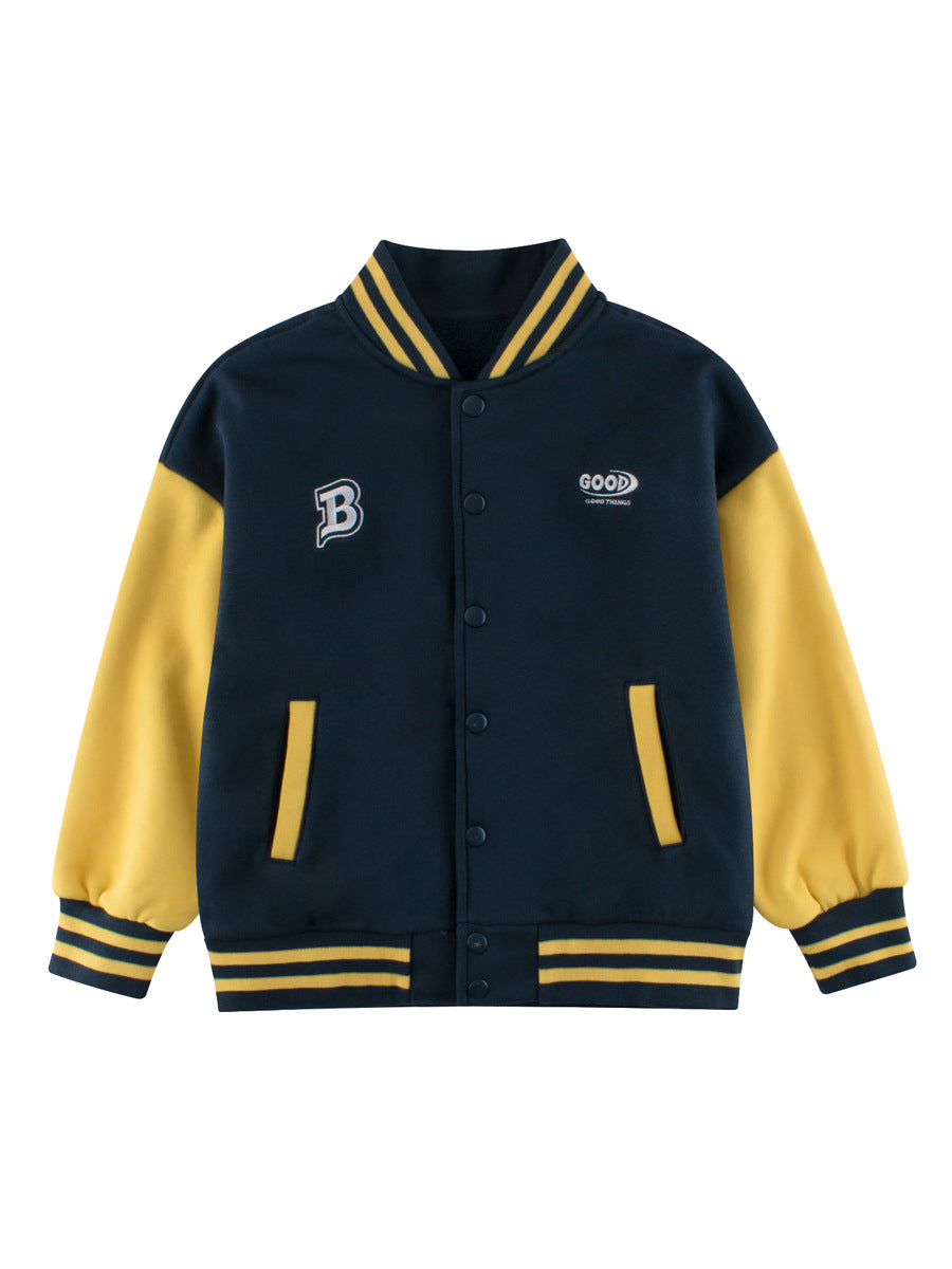 Boys and Girls Letters Pattern Contrast Design Single Breasted Baseball Coat