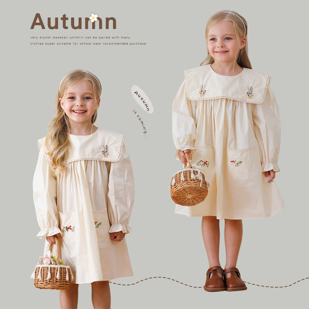 Design Autumn Girls Rabbits and Mushrooms Embroidery Pattern Long Sleeves Pocketed Dress