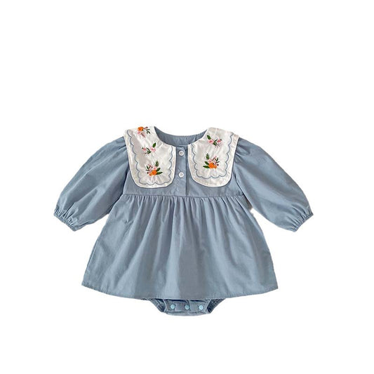 Autumn New Arrival Baby Girls Long Sleeves Flowers Embroidered Pattern Crew Neck Onesies Dress