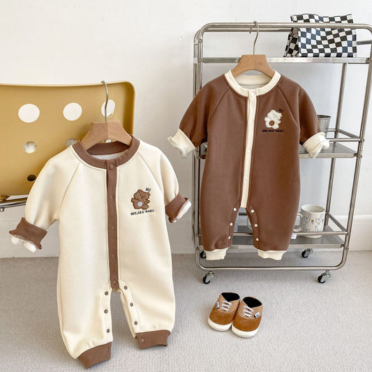 Autumn and Spring New Arrival Baby Unisex Simple Teddy Pattern Long Sleeves Cozy Rompers