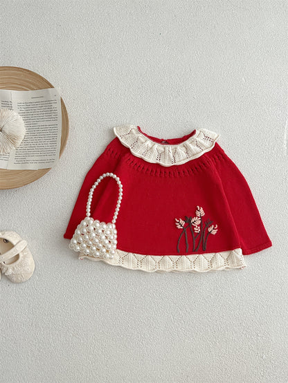 Recién llegado de otoño, blusa de punto de manga larga con diseño calado cómodo para niñas y bebés con patrón de bordado de flores y cuello 