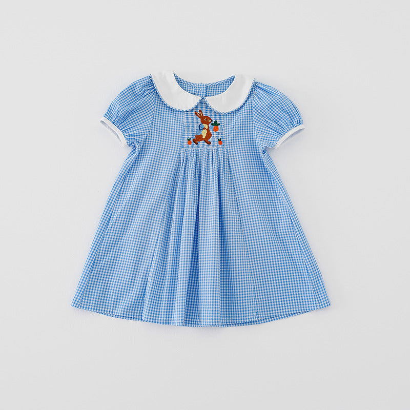 Summer Baby Kids Girls Short Sleeves Rabbit Embroidery Plaid Dress