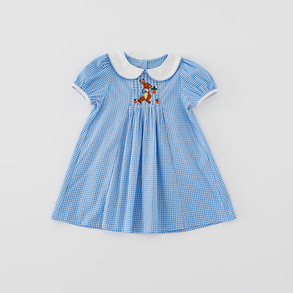 Summer Baby Kids Girls Short Sleeves Rabbit Embroidery Plaid Dress