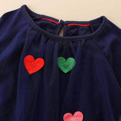 Nuevo vestido de princesa de manga larga para niñas, exquisito vestido de malla con forma de corazón y estrella para niñas