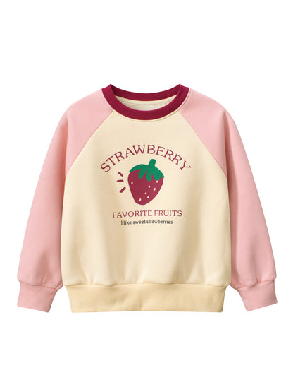 Arrival Girls Strawberry Cartoon Print Crew Neck Long Sleeves Color Patchwork Sweatshirt