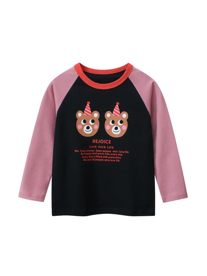 Autumn New Arrival Kids Girls Cartoon Print Crew Neck Long Sleeves Color Patchwork Shirt