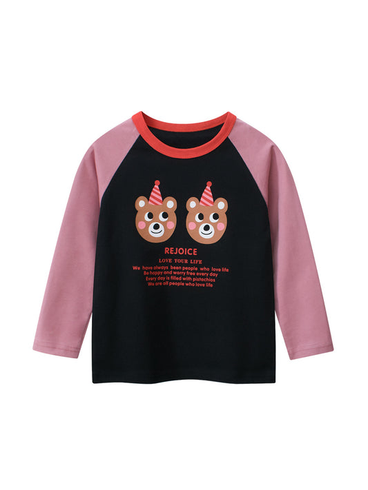 Autumn New Arrival Kids Girls Cartoon Print Crew Neck Long Sleeves Color Patchwork Shirt