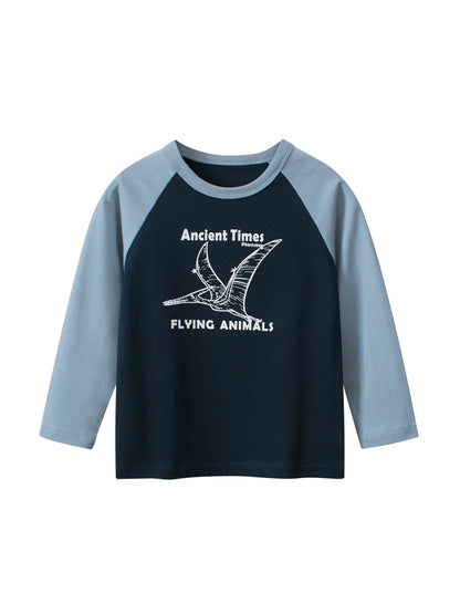 Autumn Baby Boys Letters and Lion Print Color Patchwork Long Sleeves Crew Neck Base Top Shirt