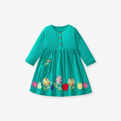 Design Autumn Girls Fruits And Flowers Pattern Crew Neck Long Sleeves Green Dress