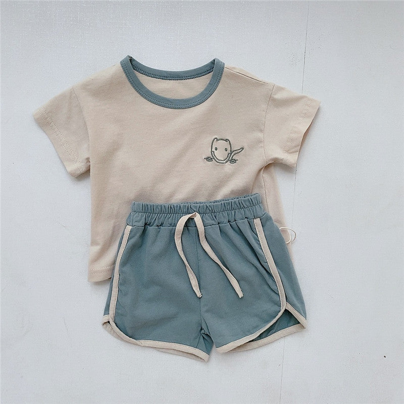 Summer Baby Kids Unisex Embroidery Logo Short Sleeves Crew Neck T-Shirt And Shorts Clothing Sets