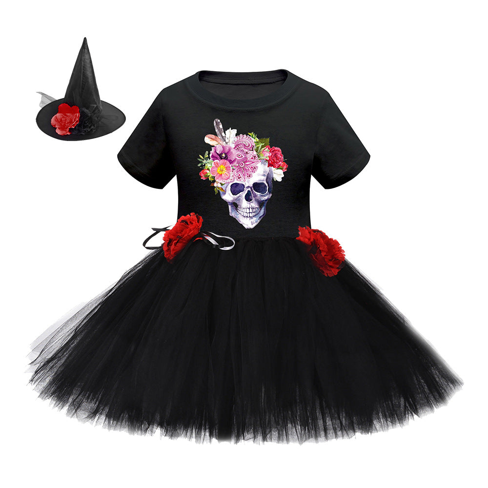 Disfraz de Halloween para niñas recién llegadas: vestido de tul con parches y sombrero para fiesta de cosplay de brujas con estampado de dibujos animados y mangas cortas 