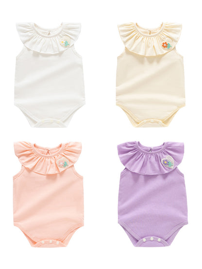 Summer Hot Selling Cheap Baby Kids Girls Sleeveless Flower And Heart Embroidery Ruffle Collar Solid Color Onesies