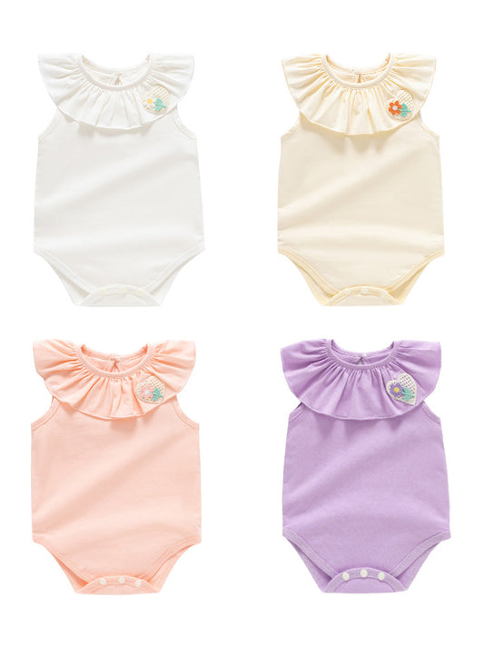 Summer Hot Selling Cheap Baby Kids Girls Sleeveless Flower And Heart Embroidery Ruffle Collar Solid Color Onesies