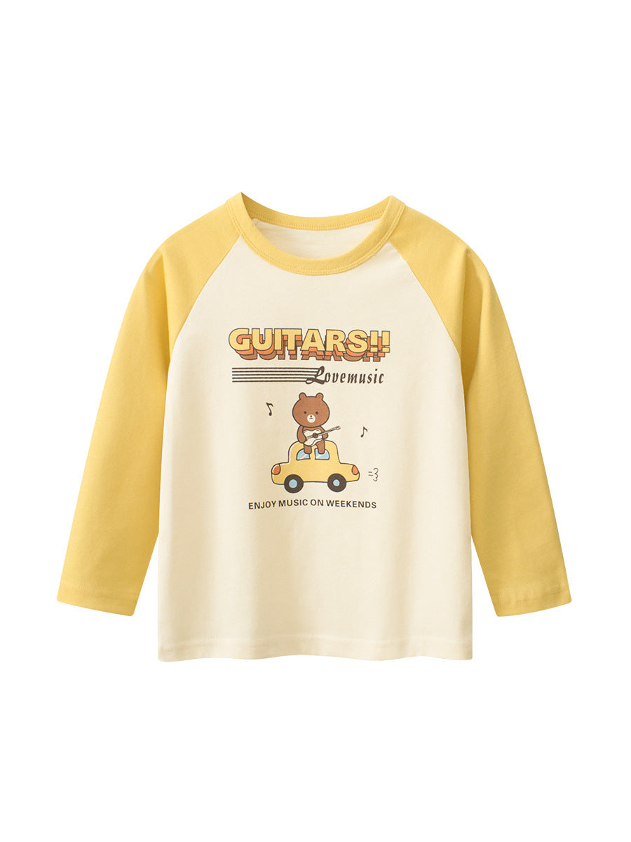 Autumn New Arrival Kids Girls Cartoon Print Crew Neck Long Sleeves Color Patchwork Shirt