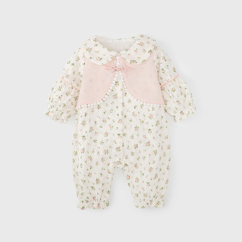 Recién llegado de otoño, mono con estampado de flores para niñas pequeñas con un solo pecho y cuello bonito 