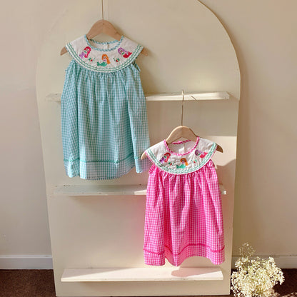 New Design Summer Baby Kids Girls Plaid Sleeveless Mermaid Embroidery Collar Dress