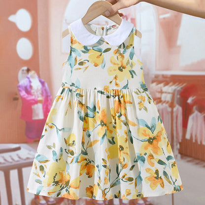 Arrival Summer Girls Sleeveless Peter Pan Collar Flowers Pattern Thin Dress